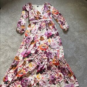 Express Floral Ivory Flowy Maxi Dress with Pink & Orange Blooms